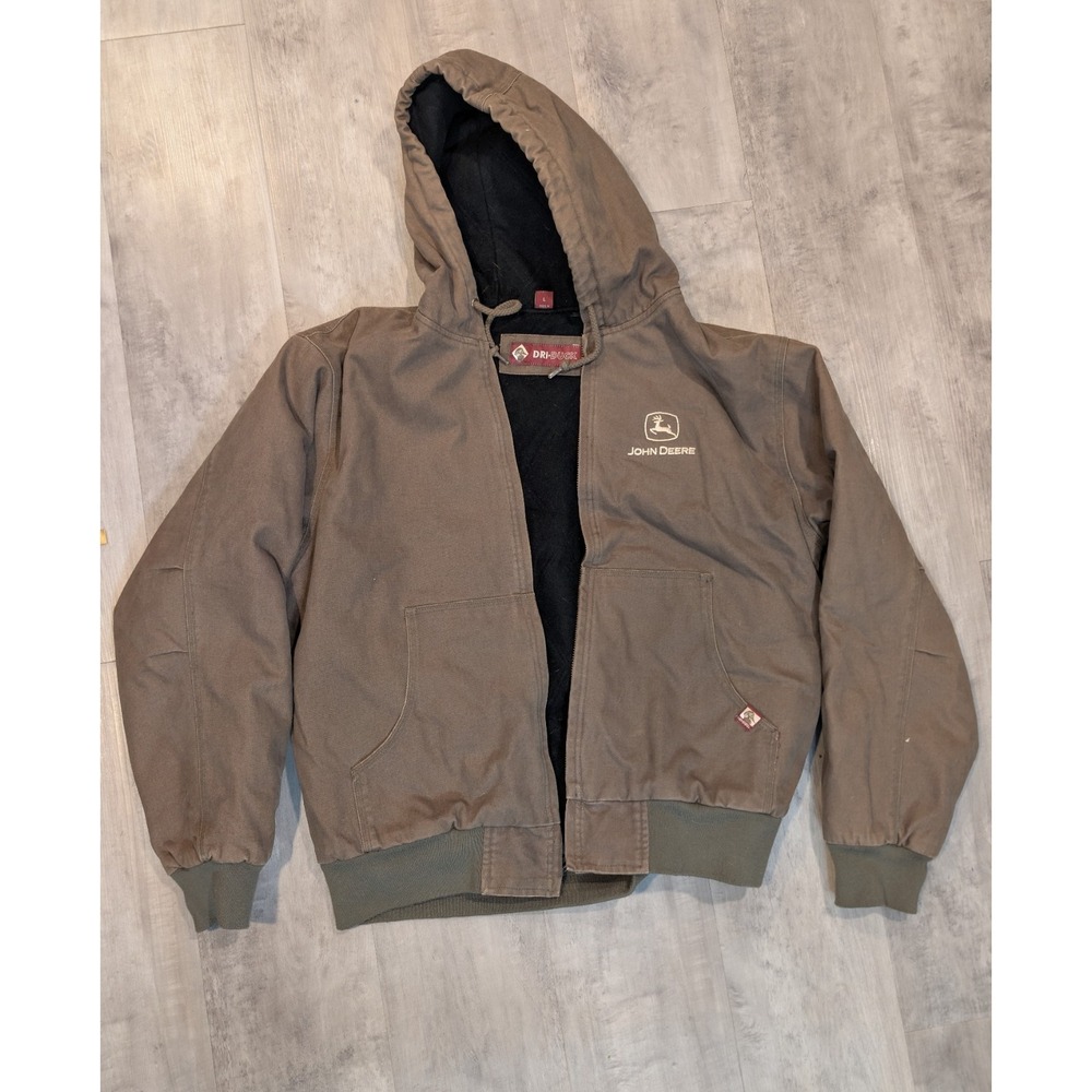 John Deere Dri Duck Hooded Work Jacket Brown Canvas Insulated Mens L
